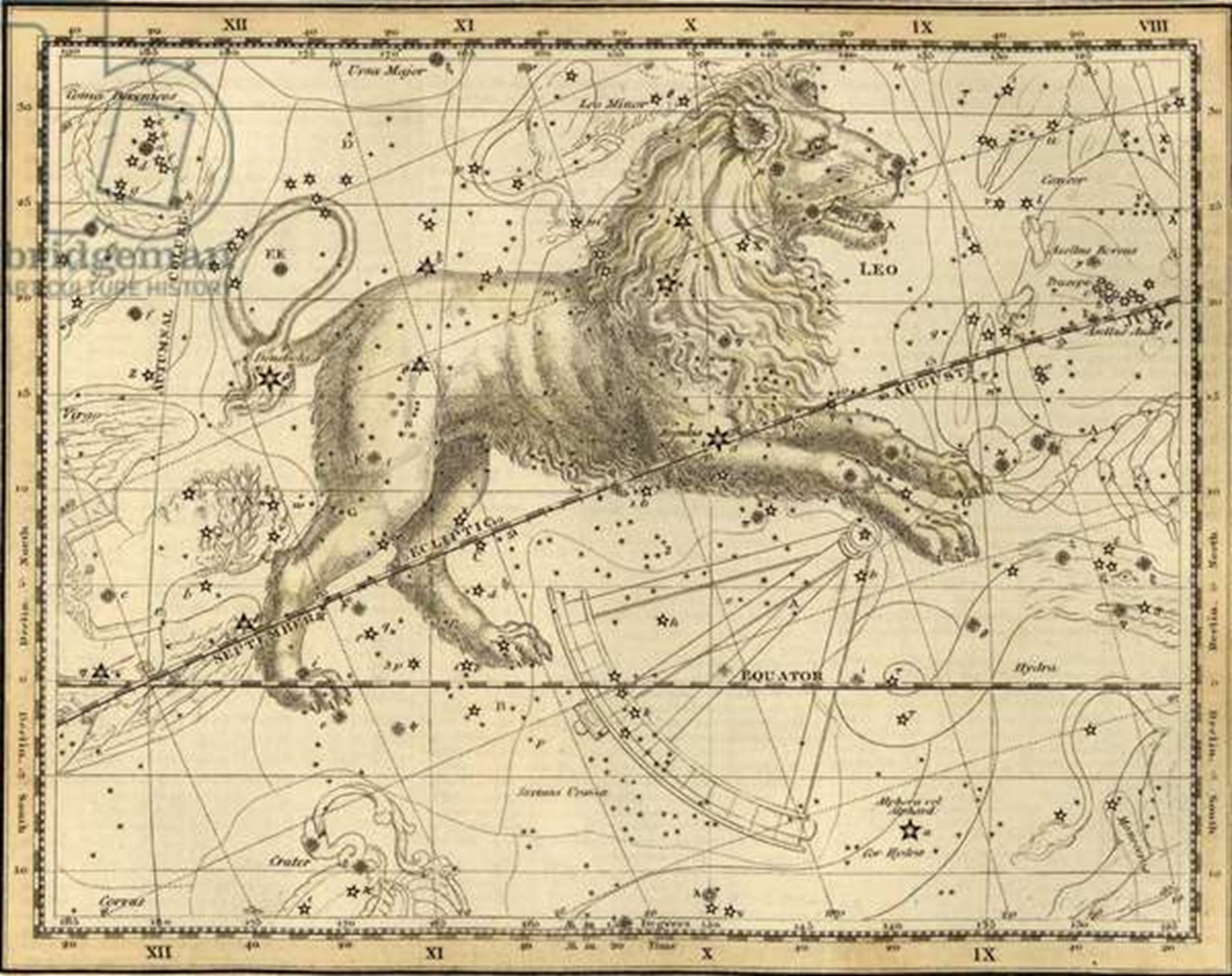 Античные созвездия. Звездный атлас Созвездие Льва. Старинная карта звездного неба с созвездиями. Созвездие Льва на древней карте. Старинная карта созвездий.